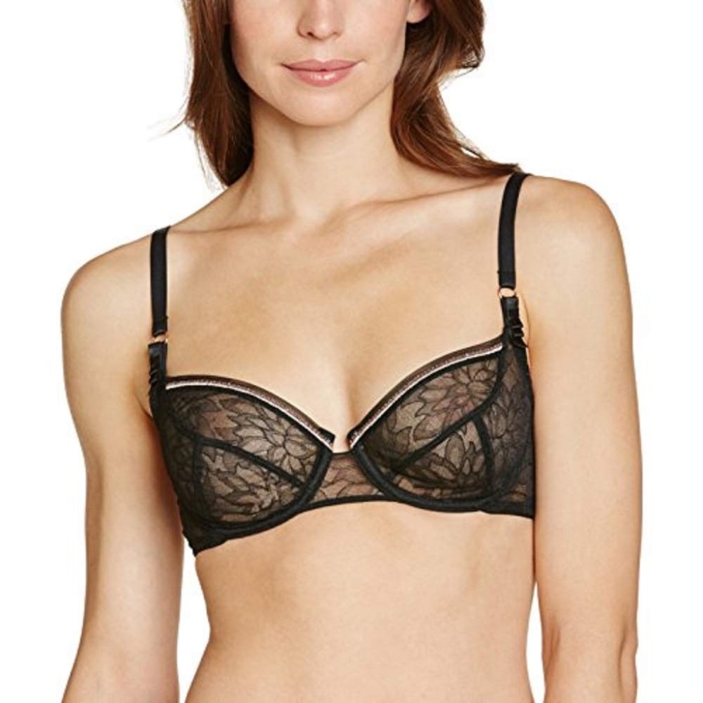 LOU lace bra, Black Sheer Lingerie with Sparkly lurex frill, 32D